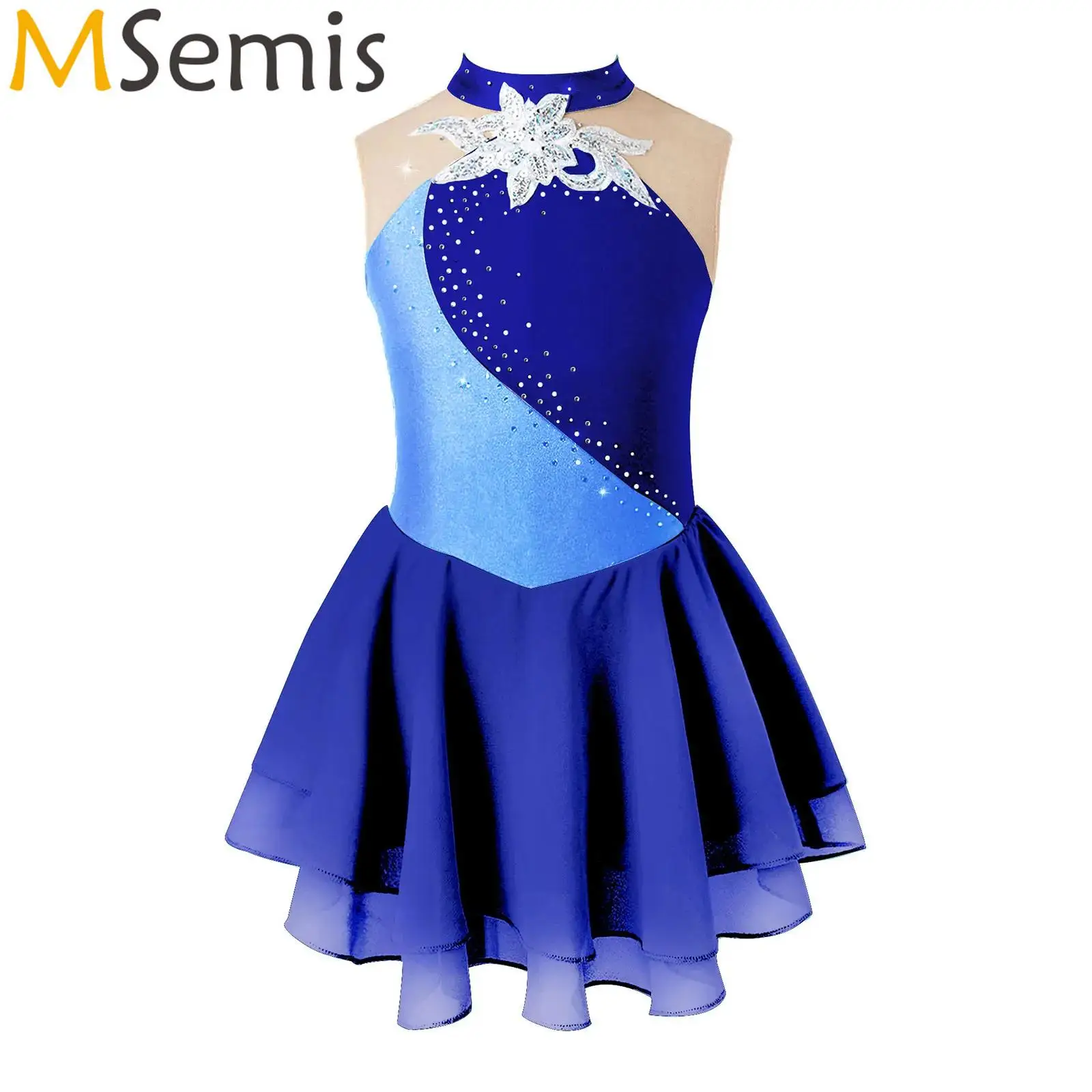 Kids Girls Shiny Rhinestone Gymnastics Artistic Skating Dress Sequins Ballet Jersey Dance Performance Tight Fitting Dresses