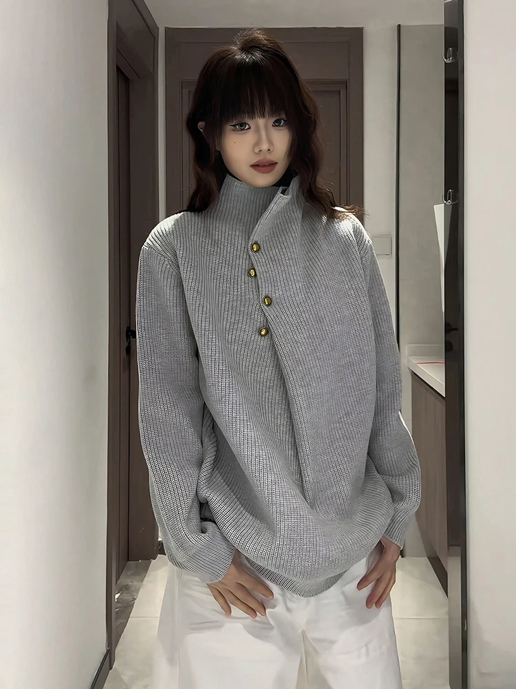 

Мужской вязаный свитер с высоким воротом, повседневный, зимний, модный, с пуговицами, свободного кроя, из мягкого полиэстера, с длинными рукавами, базовый слой