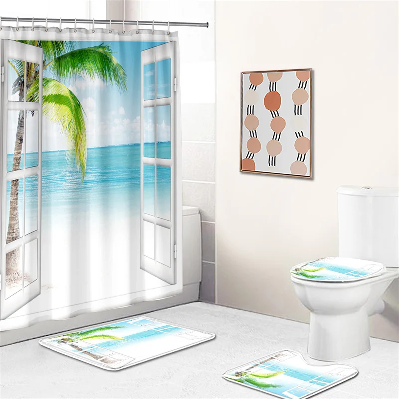 

Window Shower Curtain Sets With Rugs Waterproof 3D Print Beach Scenic Fabric Shower Curtain Liner Polyester Carpet Toilet Rug