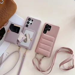 Luxury Shoulder Strap Leather Card Wallet Case For Samsung Galaxy S25 S26 Ultra S24 FE S23 Plus S22 Mirror Makeup Phone Cover