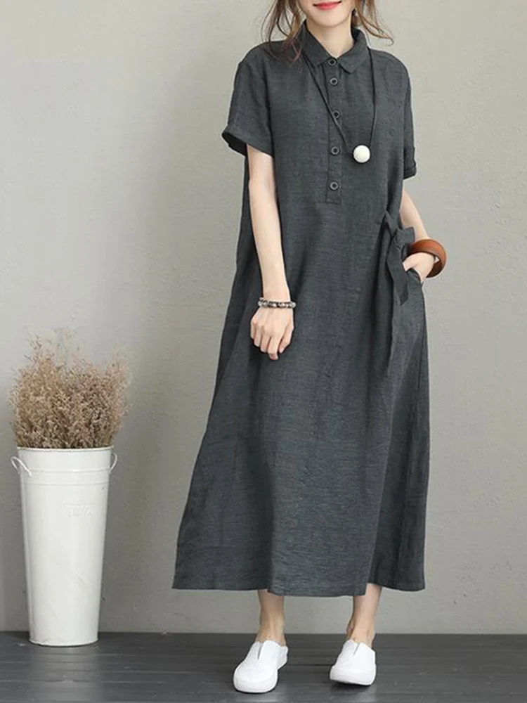 ZANZEA Vintage Summer Shirt Dress Oversize Sundress Female Button Short Sleeve Robe Women Casual Solid Maxi Vestidos Dresses