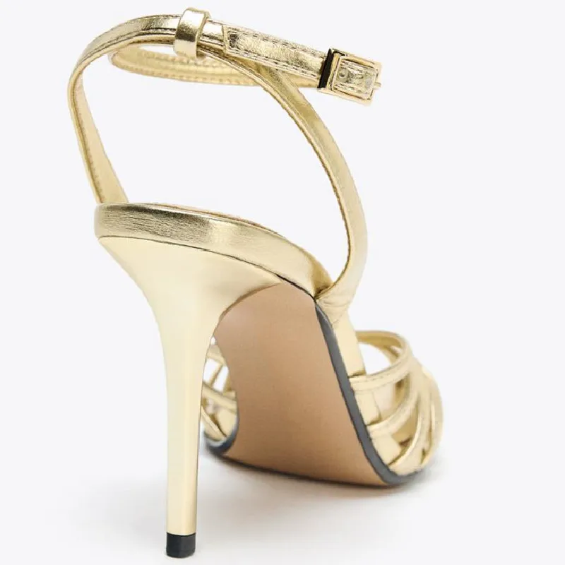 مثير الذهب الجوف ضيق الفرقة عالية الكعب صندل المرأة موضة الكاحل حزام مشبك كعب رقيق مصمم حذاء أنيق فستان العشاء حذاء