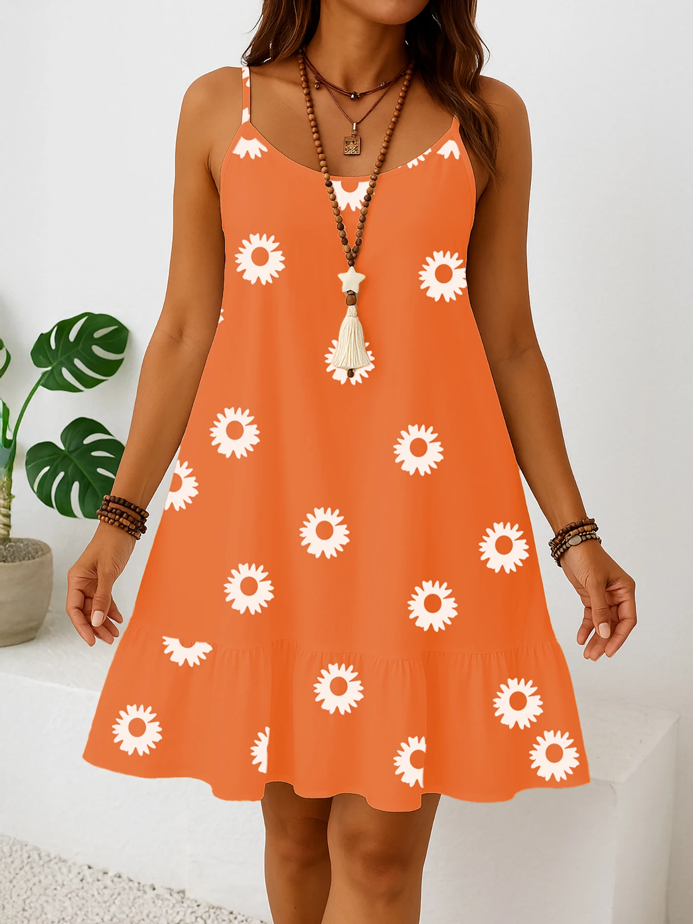 فستان نسائي مقاس كبير بدون أكمام بطبعة زهور، فستان شمسي بلون موحد مع حاشية مكشكشة، موضة صيفية كاجوال، خفيف الوزن و #5