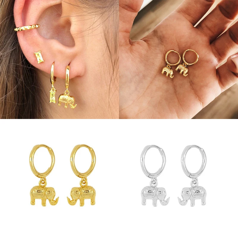 CRMYA Gold plated Drop Earrings For Women Metal Circle Elephant Pendant Hoop Earings Ear Rings Girls Jewelry Wholesale