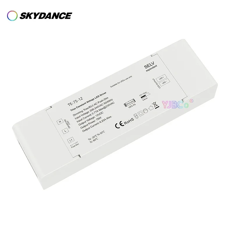 Imagem -05 - Skydance-triac Regulável Única Cor Led Driver 40w 75w 12v 24v Elv ac Push-dim Escurecimento Interface Fonte de Alimentação