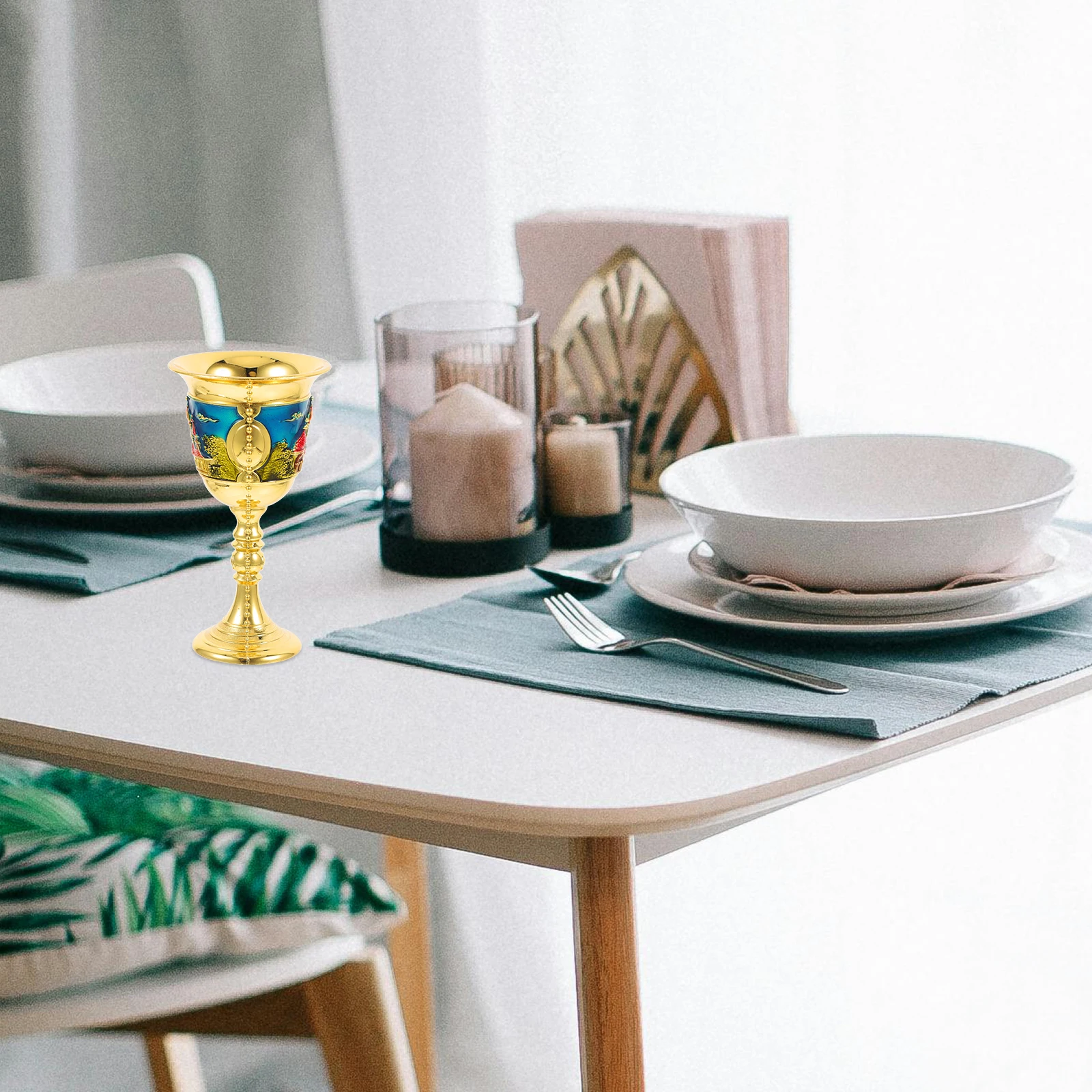 

Zinc Alloy Retro Glass Blue Color Sturdy Materials Smooth Touch Embossed Design Vintage Banquet Metal Goblet Creative Cup