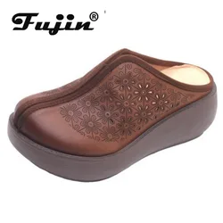 Fujin 6cm Sandals Summer Fashion Women Hollow Wedge Shoes 2024 Natural Genuine Leather Round Toe Slipper Platform Wedge Flats