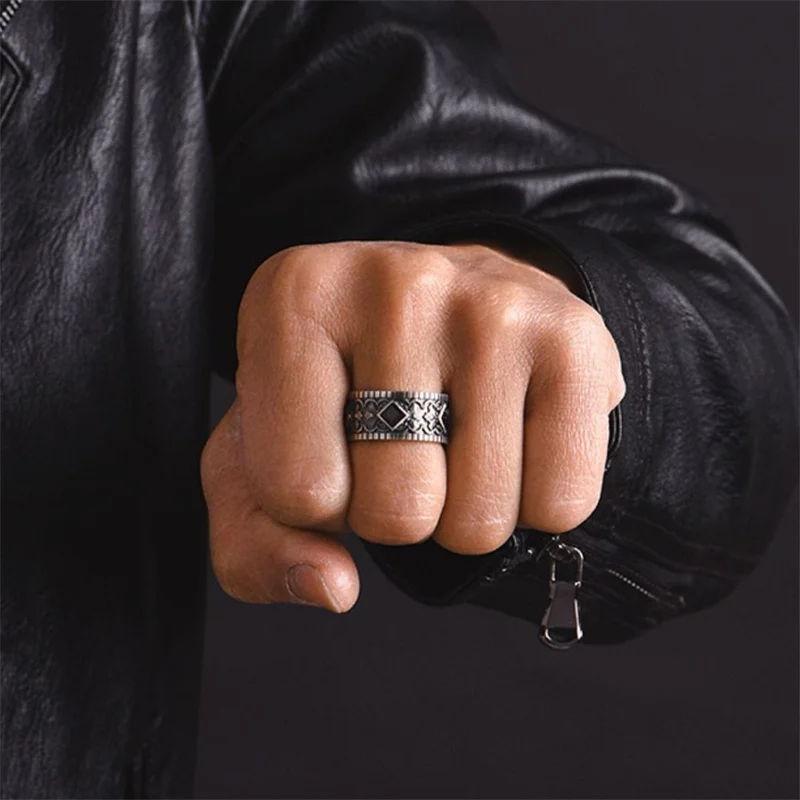 Retro Cocktail Flower Ring Male Jewelry Trendy Black Crystal Square Ring For Men Adjustable Index Finger Ring Handsome Gift