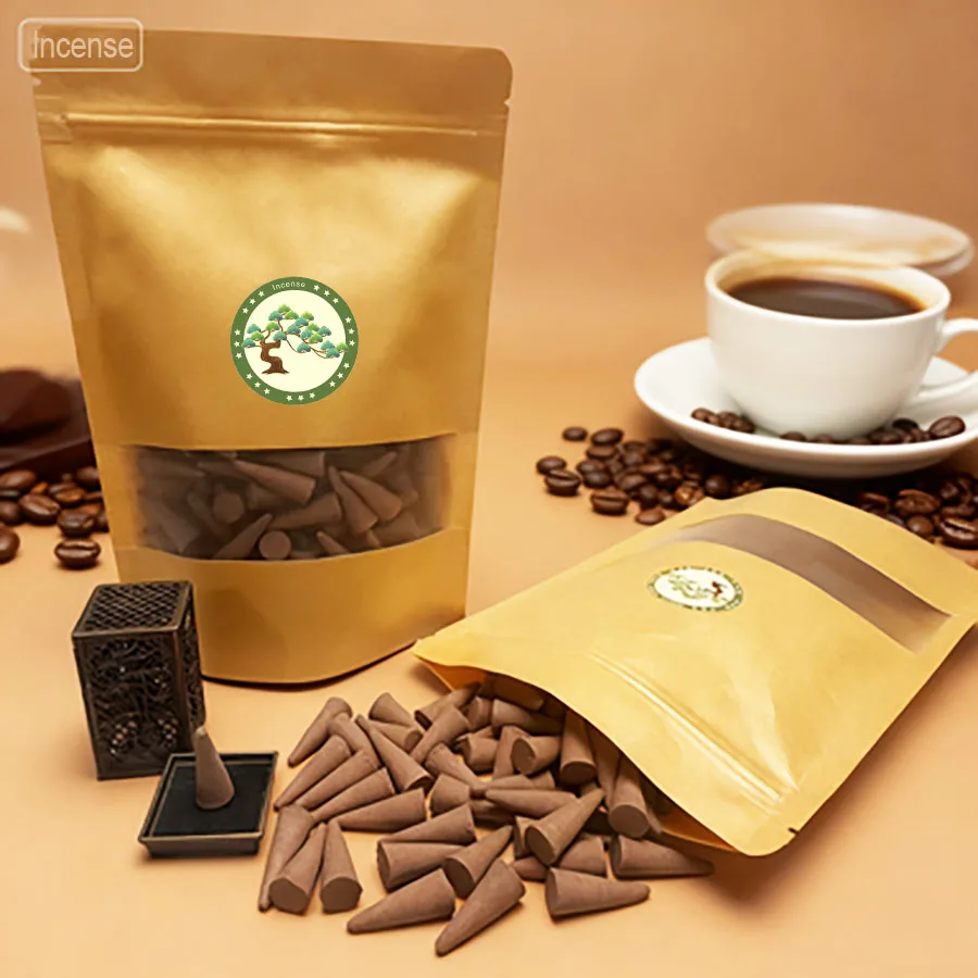 1 pack of 100/150 pcs high-quality coffee-scented incense cones, rich aroma, 20-minute burning time, long-lasting fragrance, suitable for home kitchens, living rooms, bedrooms, outdoor camping, gardens, and parties, sealed in a kraft paper bag