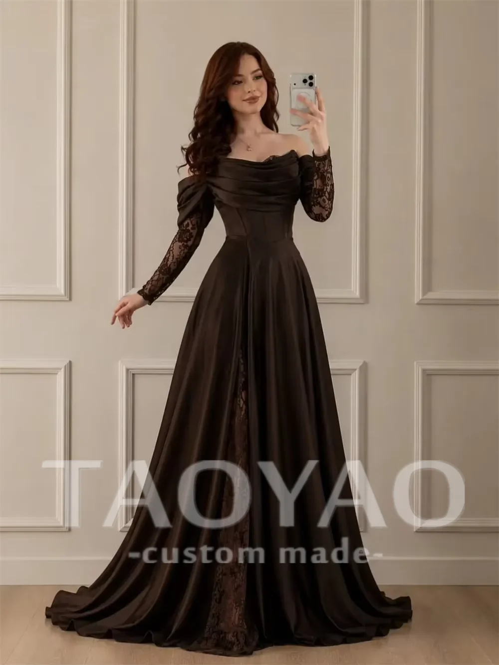 Customizd Off shoulder Lace Long Sleeves Boat Neck A‑line Evening dress Prom dress High Side Split Satin Dreamy Gala gowns