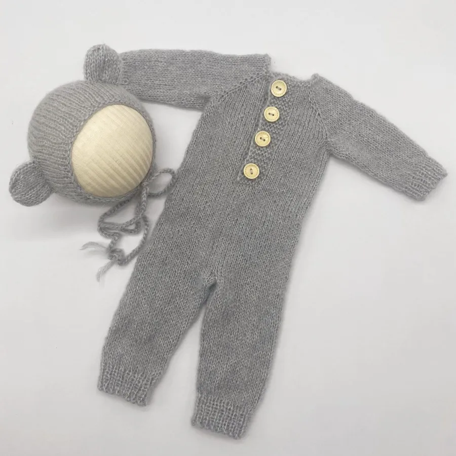 Hand Made Newborn Mohair Onesie  Photography Props Baby  Bear Bonnet & Romper Set