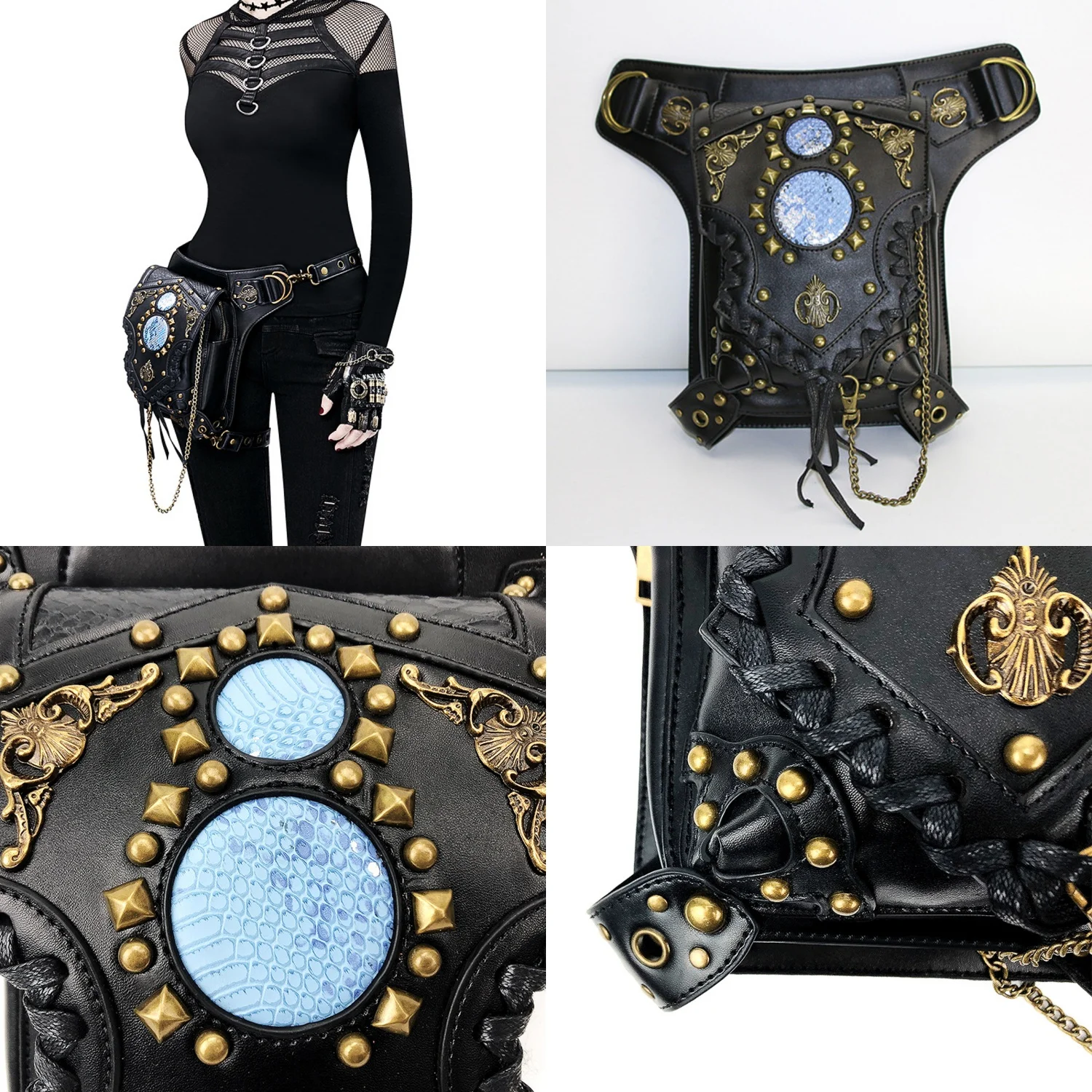 Gothic Steampunk Women Waist Bags,Retro Rock Punk Goth Shoulder Handbags,Men Leg Thigh Holster Leather Crossbody Bags