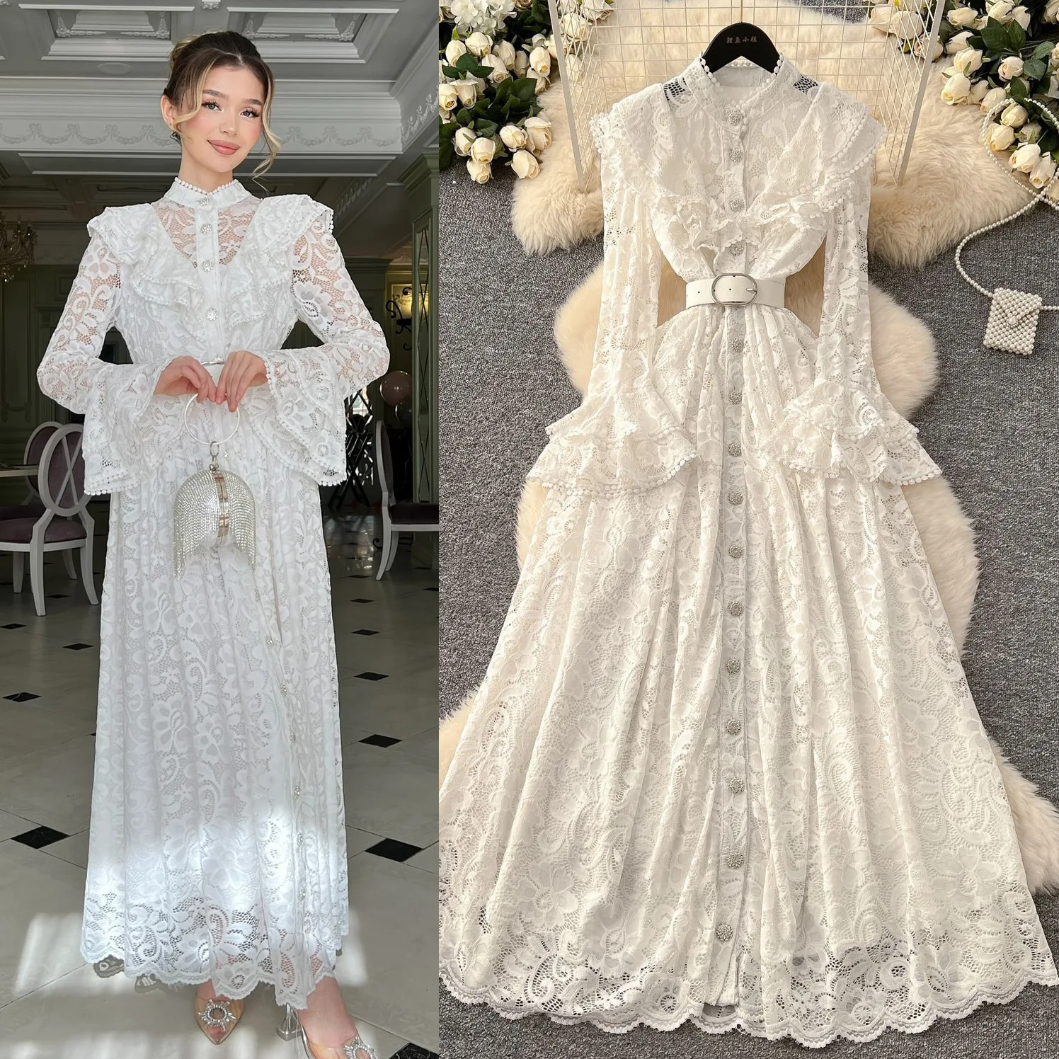 025 Nieuwe Mode Dames Hoge Kwaliteit Effen Kleur Elegante Lange Mouw Enkellange Single-Breasted Kant Geborduurde Jurk Vrouwelijke