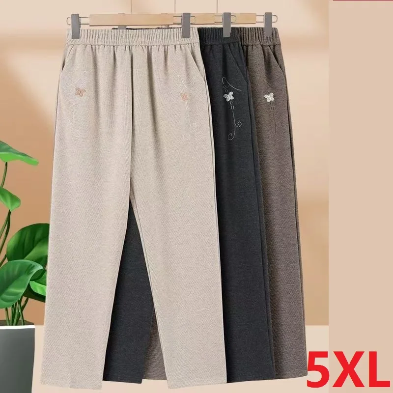 Middle Aged Elderly Female Trousers Autumn Winter Women Woolen Pants Elastic High Waist Velvet Warm Straight Casual Pants XL-5XL