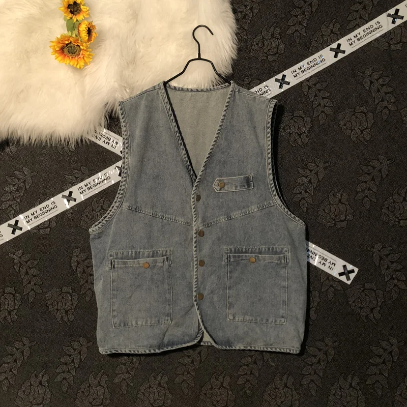 

Men Workwear Denim Vest Summer New Japanese Retro Casual Loose Sleeveless Coats Fashion Versatile V-neck Pockets Blue Tops