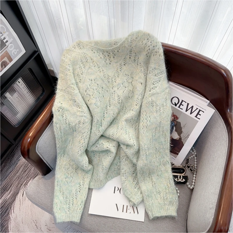 Green Cashmere Jacket Women's Clothing Knitting Sweater Hollow Out Long Sleeves Cashmere Pullover Vintage Fashion Autumn Tops