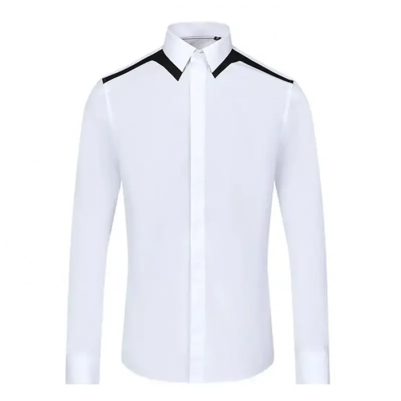 New Simple Mens Shirts Luxury Black White Shoulder Splice Long Sleeve Casual Mens Dress Shirts Fashion Slim Fit Male Shirts 3xl