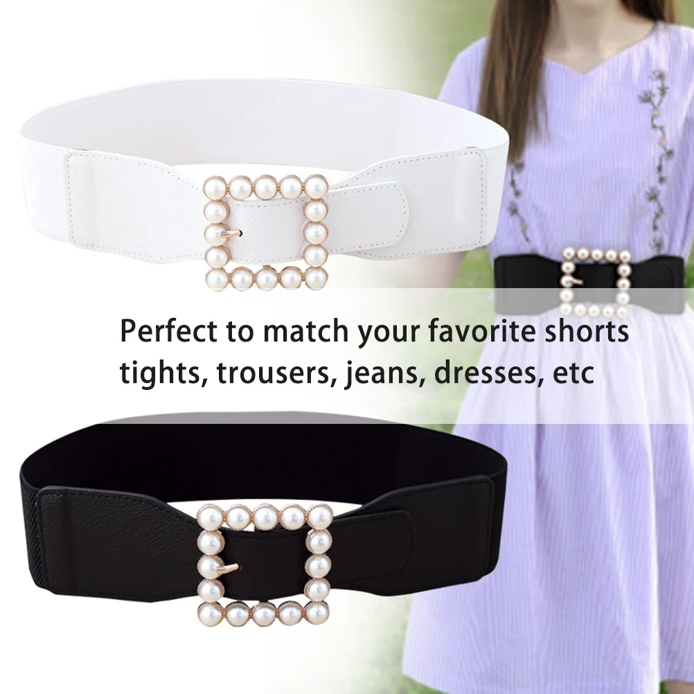 

Fashion Pearl Waist Belt White Elastic Ladies Cummerbund Square Buckle Decorative Waistband Skirt Ornament Ladies Cummerbund