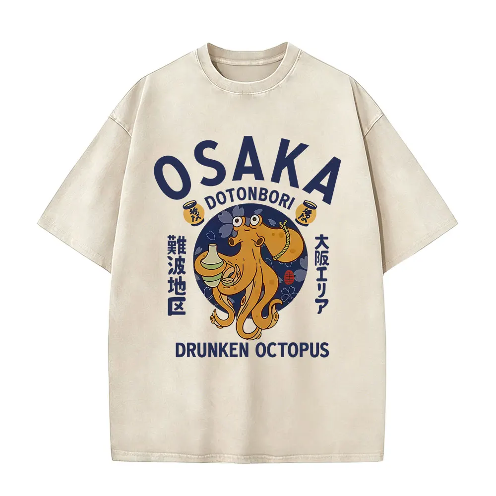 Washed Vintage Japanese Osaka Takoyaki Funny Octopus Chef Meme T-shirt Men Fashion Humor T-shirts Male Casual Oversized T Shirts