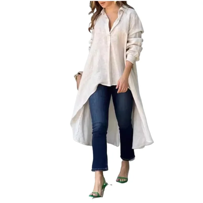 Women's New Autumn Elegant Long Sleeve Fashion Solid Color Lapel Medium Long Front Short Back Long Casual Shirt Dress