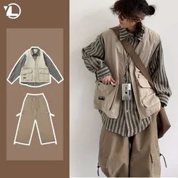 Spring New Japanese Set Mens Fake Two Pieces Striped Tooling Shirts+casual Wide Leg Pants 2-Pcs Set College Retro Suit Unisex