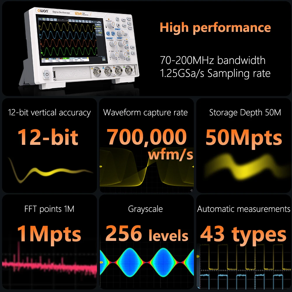 Owon Digital Oscilloscope ADS800A 2CH4CH 1.25Gs/s 500uV/div 12-bit High Resolution Touchable Fluorescent Oscilloscope LIN Decode