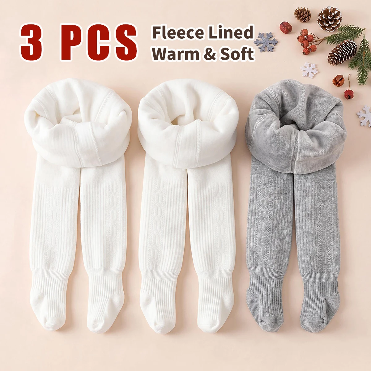 3 PCS Girls Solid Color Thick Warm Tights, Fleece Lined Cable Knit Soft Stretchy Footed Pantyhose