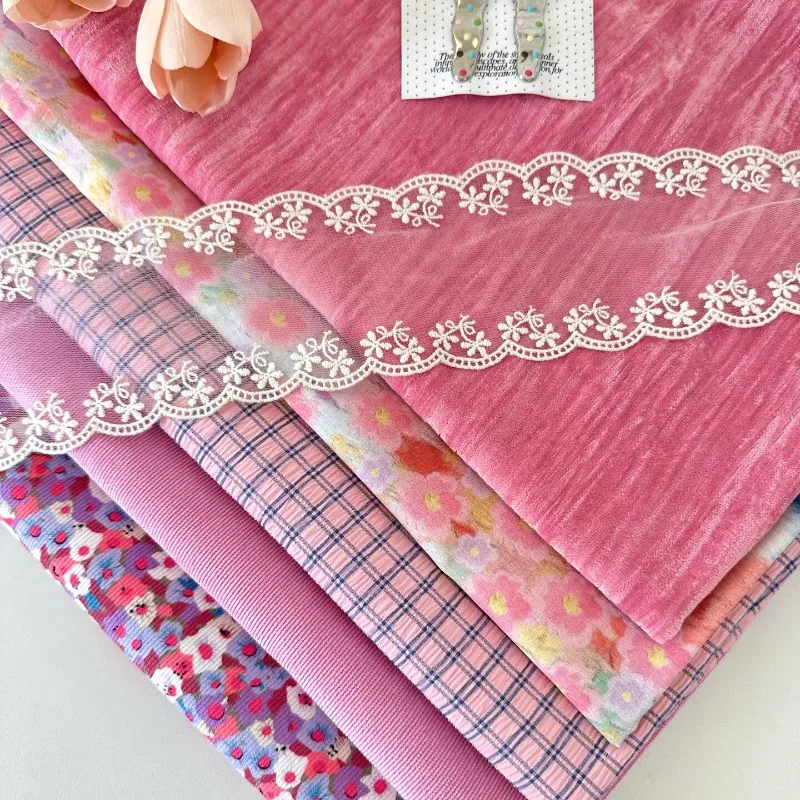 Velvet Corduroy Plaid Floral Oil Painting Pink Mixed Texture Fabric Soft Skin Friendly Designer Textile Dress Coat DIY Fashion