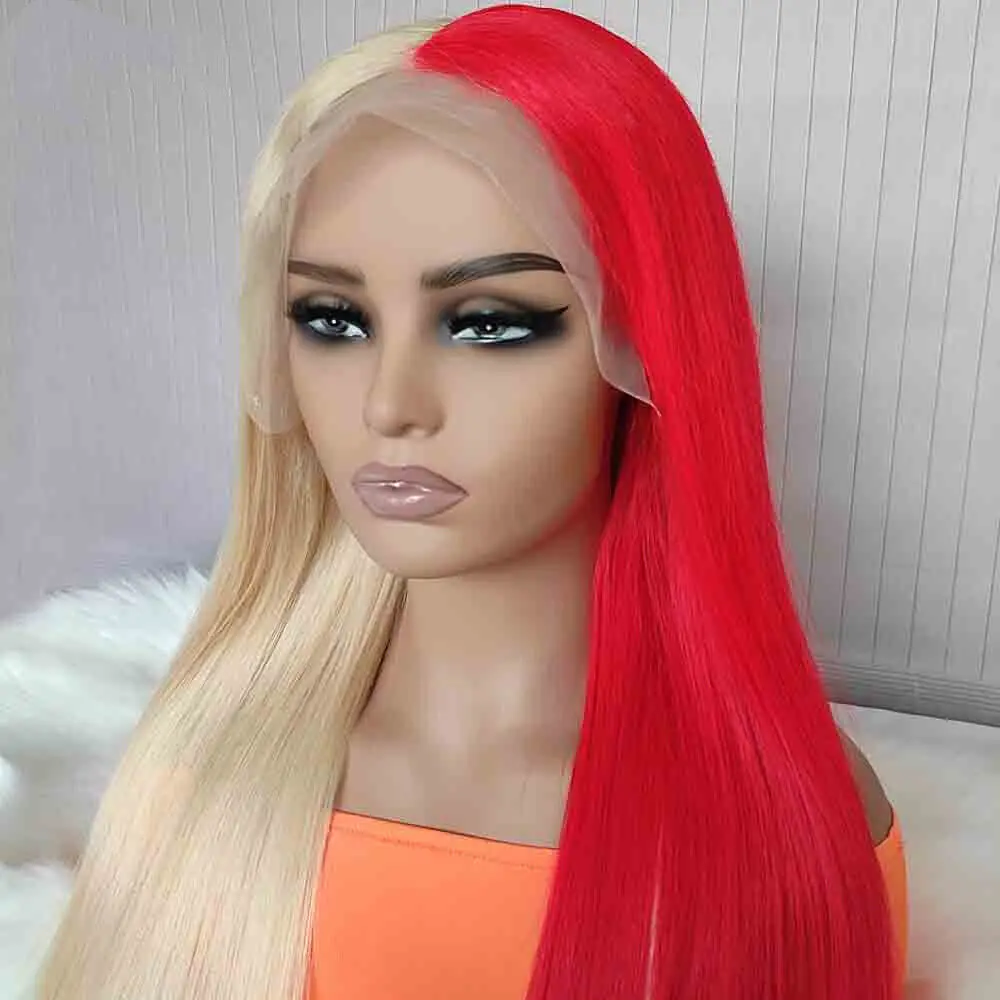 

Половина блондинки Половина красных париков фронта шнурка Длинные прямые синтетические термостойкие США