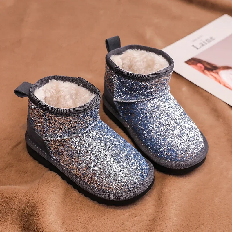 Botas de neve de algodão acolchoado infantil, bebês, meninos, crianças, quente, grosso, luxuoso, anti-escorregadio, crianças, tornozelo, ao ar livre, inverno