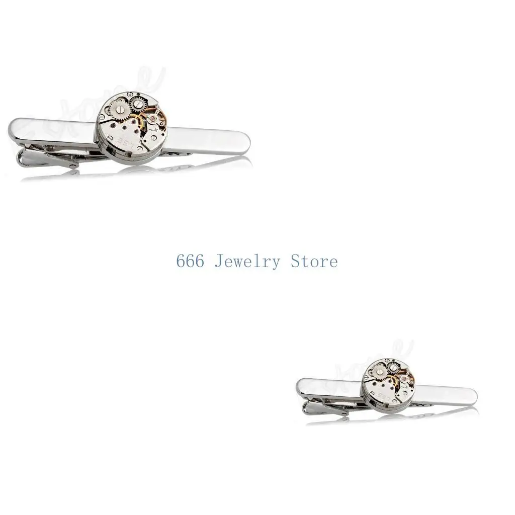 F2TD Fashion Steampunk Men's Tie Clip Vintage Watch Movement Tie Clasp Tack Silver