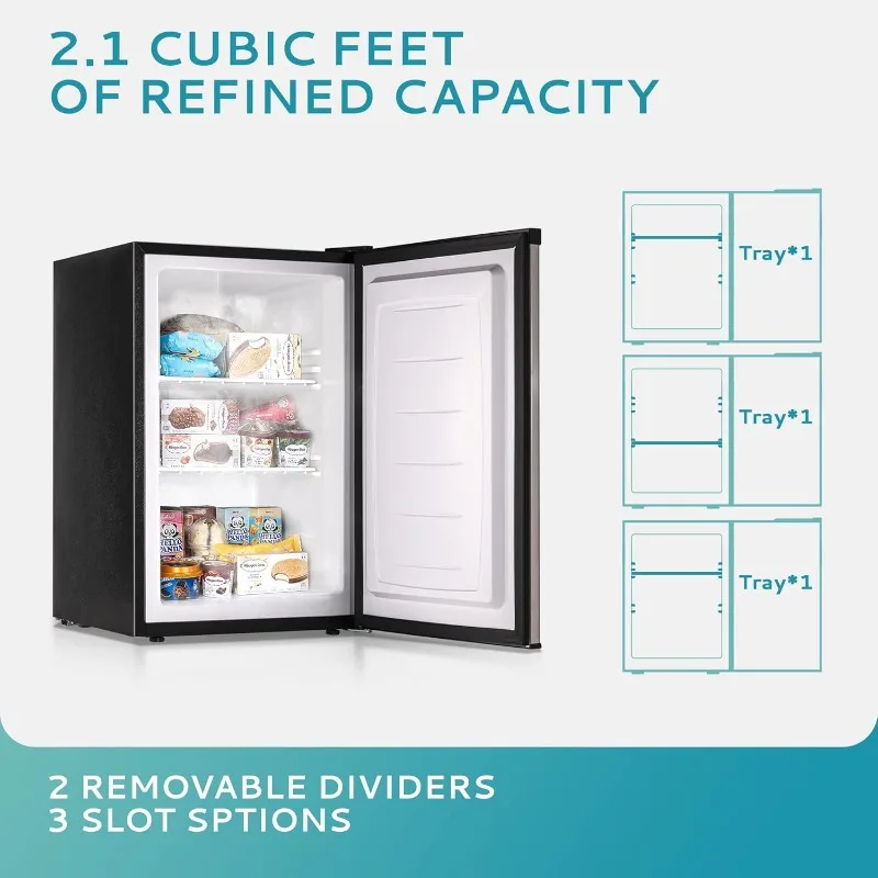 Single-door compact mini upright freezer with reversible stainless steel doors, removable shelves for dorm/office, etc