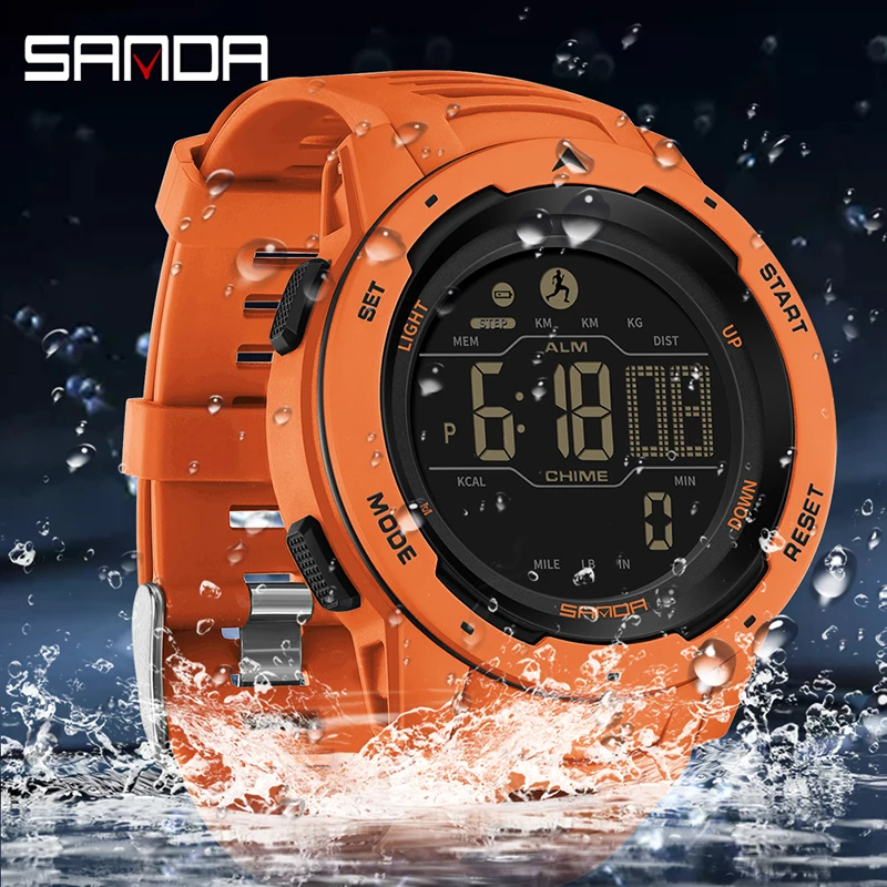 SANDA Brand Men Watches Sports Pedometer Calories 50M Waterproof LED Digital Watch Military Wristwatch Relogio Masculino 2145