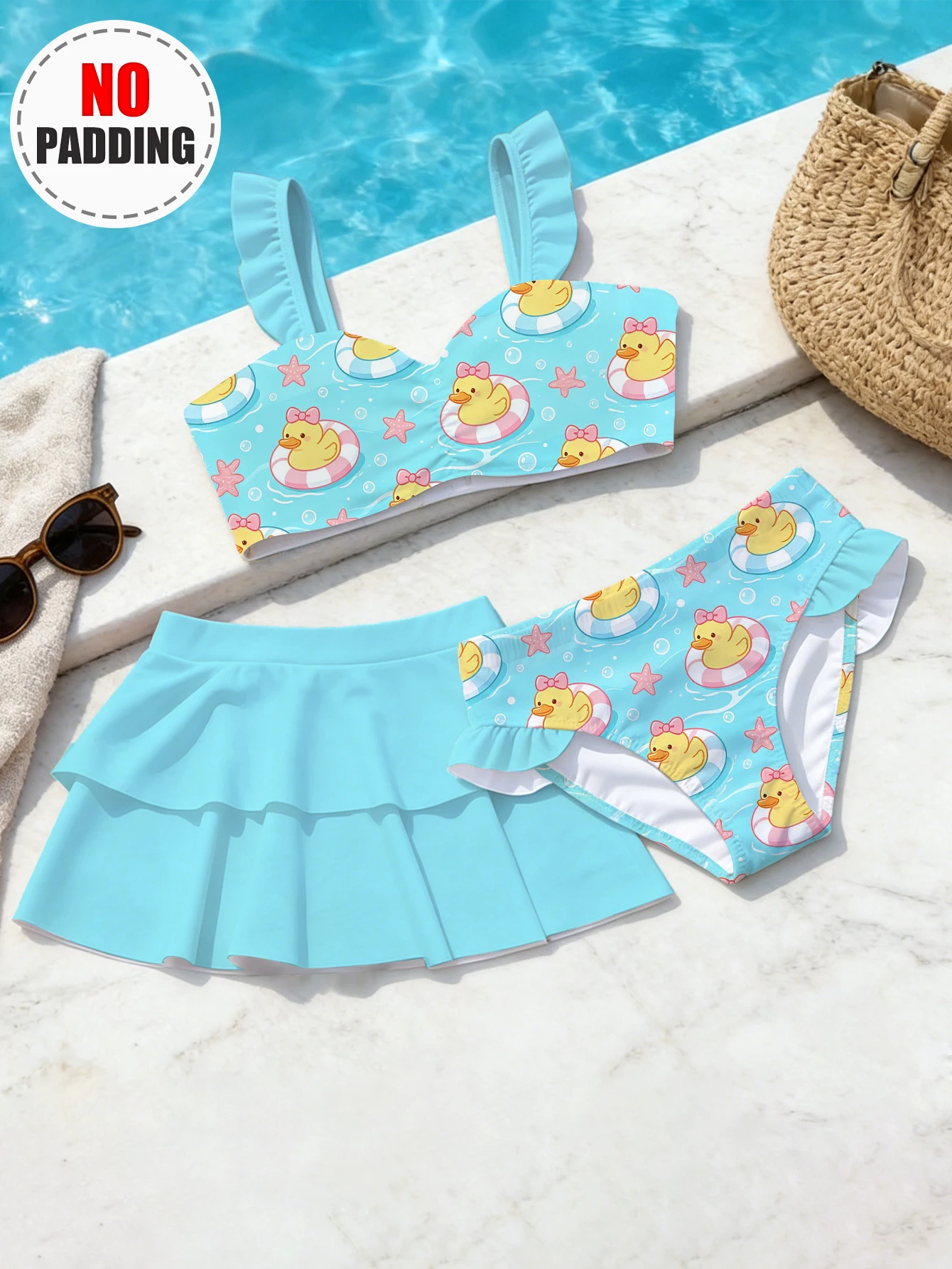 Girls' Summer Elegant Yellow Duck Fashion 3-piece Swim Skirt