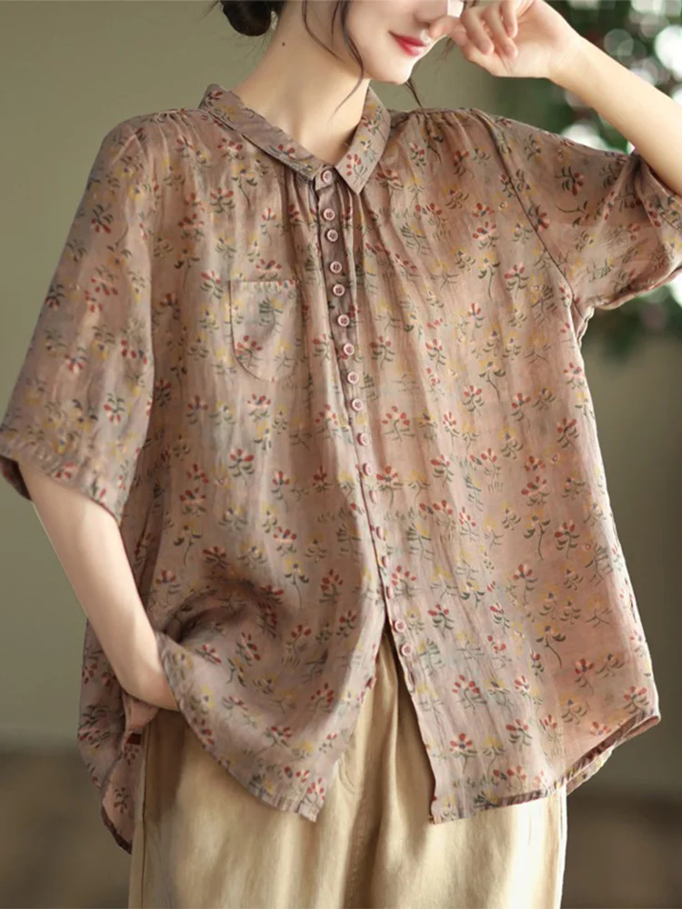 Sle giapponese da donna sottile ort Sve irt colletto in lino di cotone floreale retrò abbottonato vestibilità ampia estate casual irt