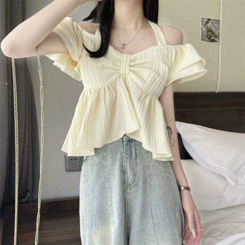 Milk Yellow Gentle Temperament Super Fairy One Shoulder Short Sleeved Shirt Women Summer Ruffled Edge Design Short Fashion Top