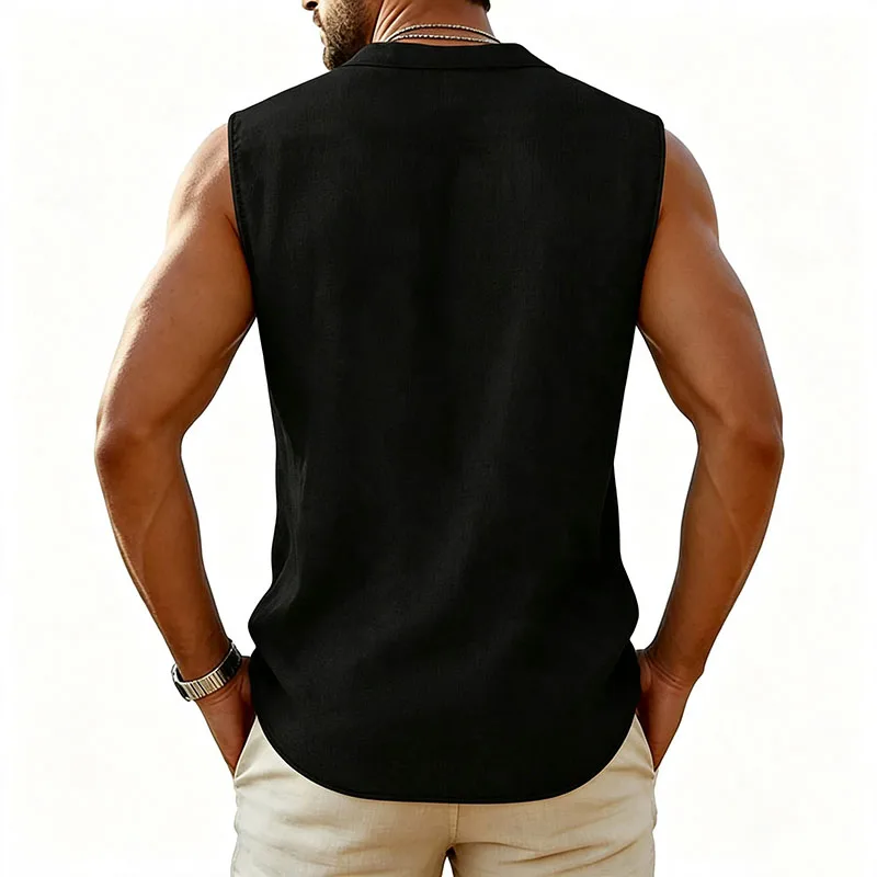 2026 Men's Sleeveless Cotton Linen Shirt Turn Down Collar Button Up Solid Regular Fit Summer Casual Beach Daily Outdoor Tops