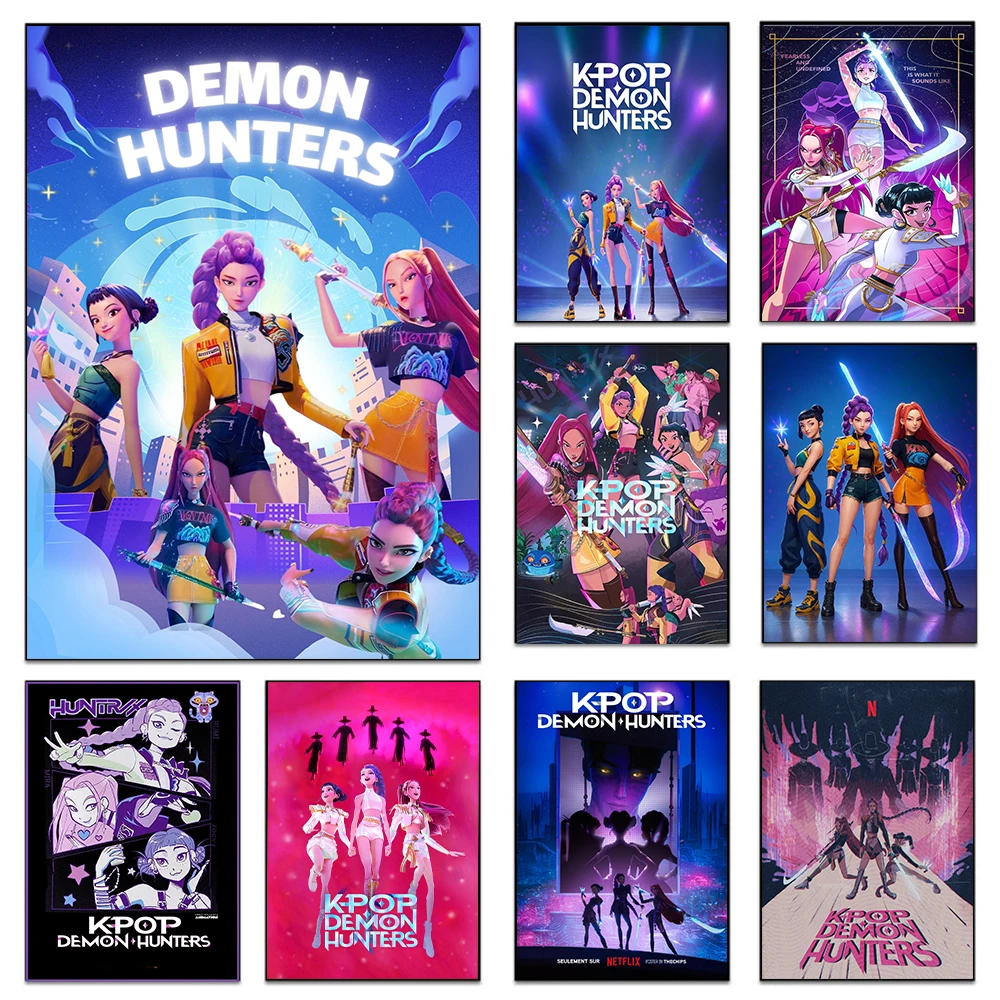 Póster KPop Demon Hunters impreso para dormitorio, sala de estar, decoración del hogar, película de dibujos animados, pintura en lienzo, arte de pared, Mural de imagen HD
