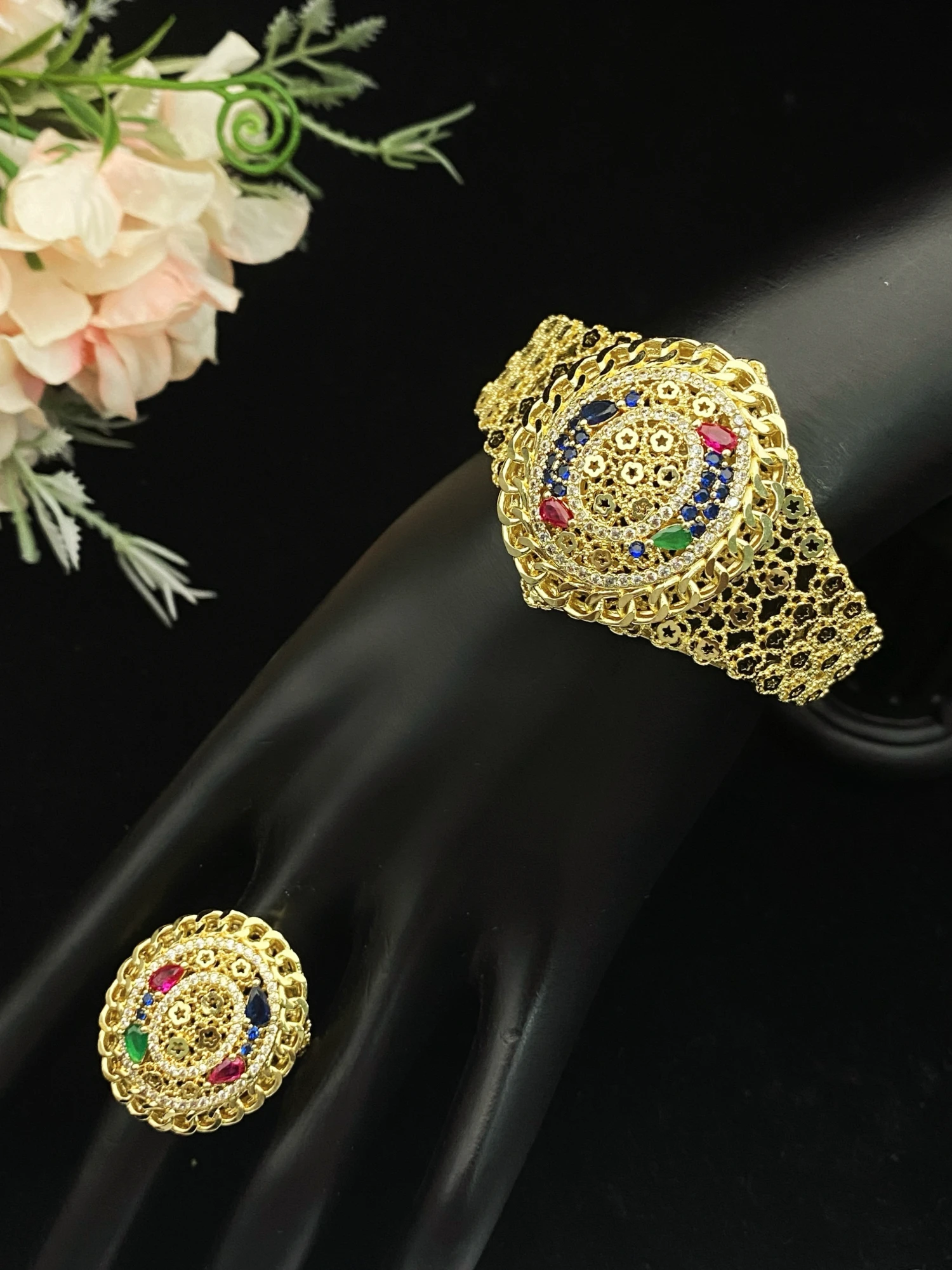 

JRH Gold Plated Zircon Open Bracelet Ring for Formal Occasions Women Libya Wedding Guest Elegance 2 Pcs Set