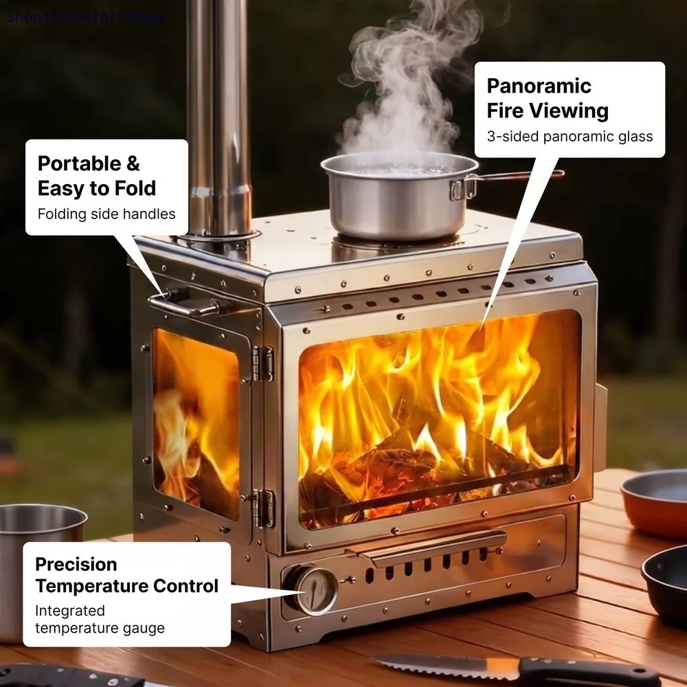 Portable Stainless Steel Camping Wood Stove with Three-Sided Glass Window for Tent BBQ Fishing Picnic Outdoor Cooking