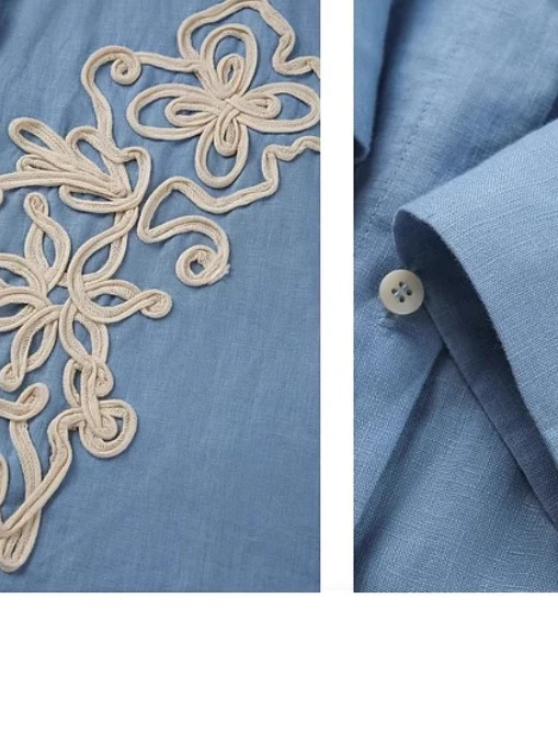 الرجعية الأزرق الأبيض القطن الكتان المطرزة عارضة Faion المرأة الصيف irt الكورية Sle فضفاضة تناسب طويلة Sve زر حتى