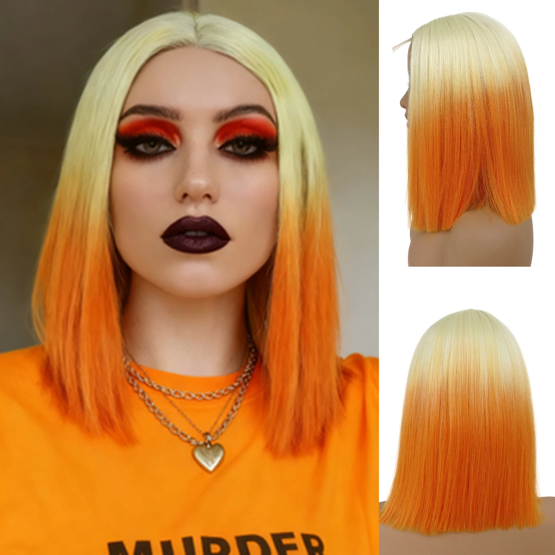 

Synthetic Short Bob Wigs Blonde to Orange Lace Front Wig Middle Part Gradient Wig for Women Heat Resistant Drag Queen Cosplay