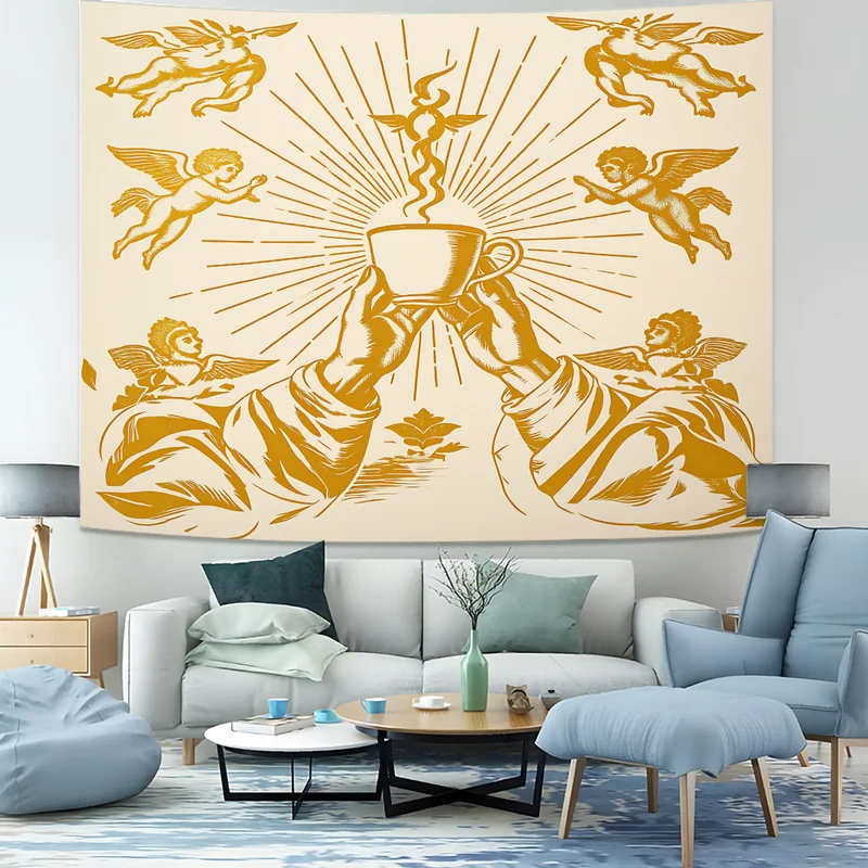 Sacred Coffee Wall Tapestry Golden Sunburst Angel Hands Holding Coffee Cup Print Wall Hanging Fashion Tapestries Home Wall Decor