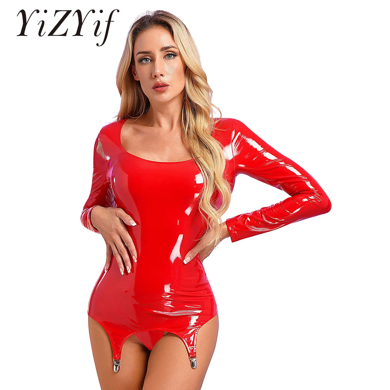 

Womens Bodycon Dress with Garter Clips Long Sleeve Glossy Patent Leather Wetlook Sexy Dress Back Zipper Mini Lingerie Clubwear