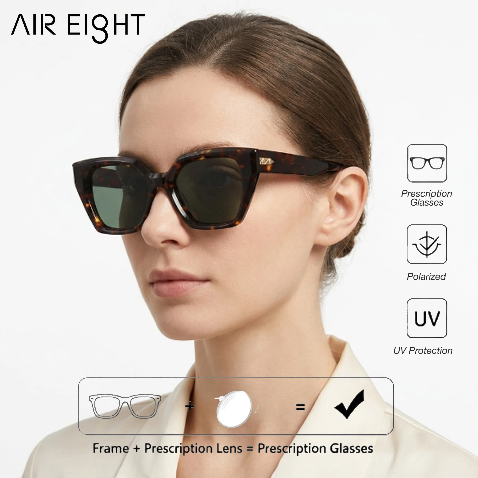 AIR EIGHT M Size Geometric Polygon Acetate Prescription Sunglasses For Women And Men Polarized UV400 TAC Lenses Travel Eyewear