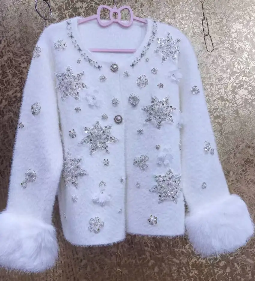 

Роскошный стиль, бриллианты, цветочная стежка, искусственный мех, трикотаж, кардиган, пальто для женщин, толстый осенне-зимний свитер, верхняя одежда, вязаная куртка