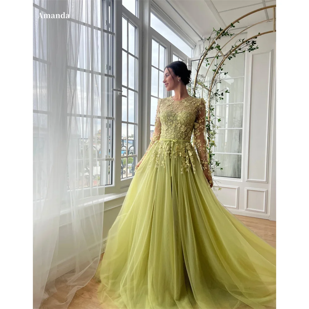 

Amanda Customized Tulle O-Neck robes de soirée A-Line Appliques Evening Dresses Valentines Day Floor-Length Draped Wedding Dress