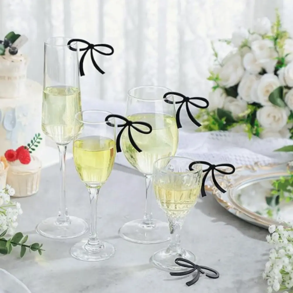 

12pcs Elegant Acrylic Bow Drink Tag Black/pink Reusable Bow Cup Tag Bow Goblet Marker Wedding