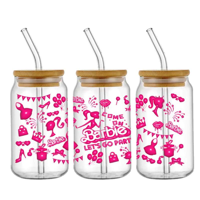 Cartoon 16oz Barbie Mädchen UV Dtf Tasse Wraps Transfer Aufkleber für Glas Libbey kann selbst klebende wasch bare DIY benutzer definierte Flasche