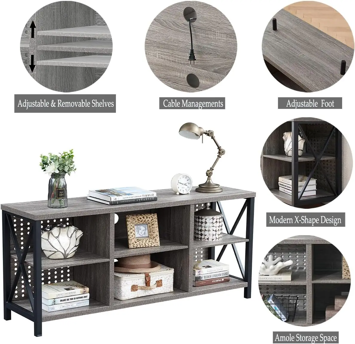 حامل تلفزيون لتلفزيون 75 بوصة، مركز ترفيه خشبي ريفي، حامل وسائط معدني صناعي مع مساحة تخزين، بلوط رمادي فاتح، 63 بوصة #4